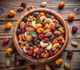 Mixed nuts and dried fruits in wooden bowl on wooden background, top view, banner. Healthy snack - mix of organic nuts and dry fruits