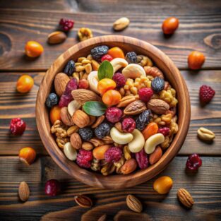 Mixed nuts and dried fruits in wooden bowl on wooden background, top view, banner. Healthy snack - mix of organic nuts and dry fruits